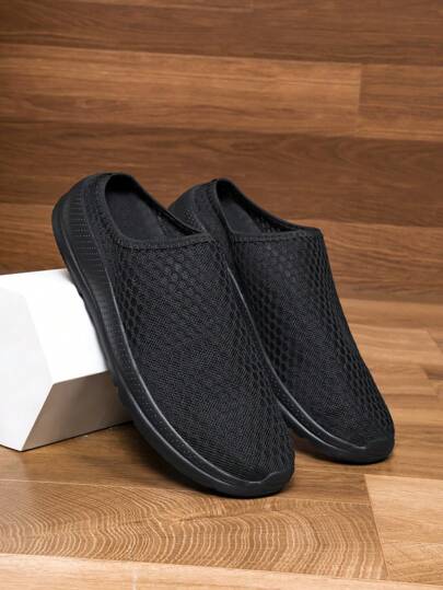 Men's Casual Flat Slide Sandals, Simple Solid Color Black Mesh Breathable Soft Comfortable Slip-On Shoes For Indoor & Outdoor Casual Walking