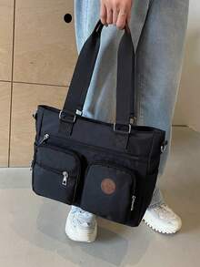 Túi xách tay phong cách retro mới, dung tích lớn, màu trơn thời trang, đa năng dành cho nữ, túi đeo vai tối giản, dây đeo điều chỉnh được, phù hợp cho đi chơi, hẹn hò, mua sắm, đi làm hàng ngày. - màu đen - Xem 5