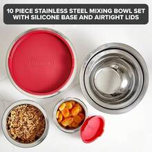 VIKING Mixing Bowls Set, 10 Piece Stainless Steel Kitchen Cookware, Non-Slip Silicone Base, Includes Tight Fit Lids, Dishwasher , Black - Red - View 2