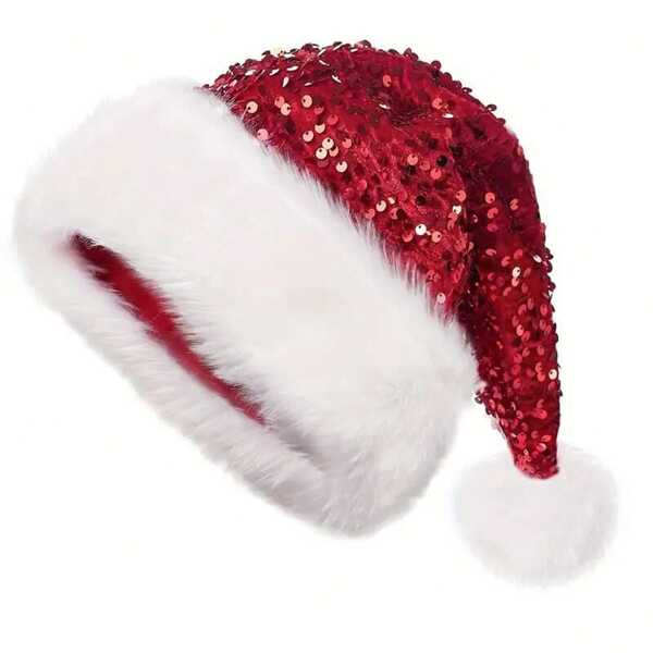 1pc Christmas Sequined Santa Claus Hat - Double-Layer Sparkling Polyester Hat With Plush Decoration, Holiday Christmas Hat, With Red Fabric And White Fur Decoration, Suitable For Christmas Party Accessories And Holiday Decorations, Especially Suitable For Gatherings And New Year Celebrations, Non-Elastic, Hand-Washable Only, Knitted Process, Feather-Free, Suitable For Adult Holiday Headwear Home Decor Christmas Decorations Room Decor Winter