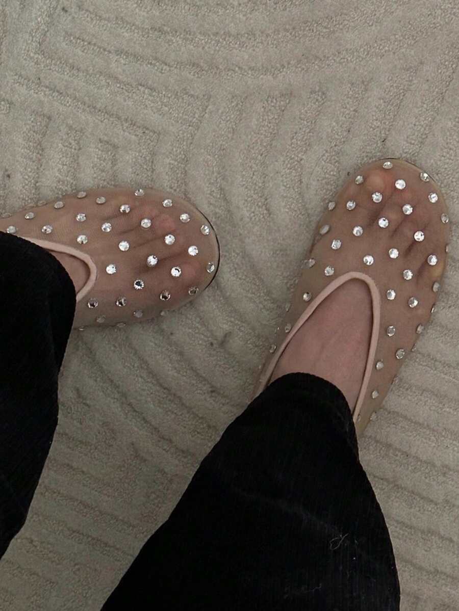 Fairy Style Mesh Rhinestone Low Vamp Flat Shoes, Unique Design, Breathable Ballet Flats For Women - Apricot - View 1