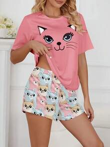3-Piece Plus Size Cartoon Cat Round Neck Short Sleeve Pajama Set - Nhiều màu - Xem 8