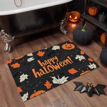 1 capacho com estampa de abóbora de Halloween, fantasma e morcego, veludo cristal 650g + base de silicone TPR, 0,5cm de espessura, carpete pequeno e macio com elementos rústicos do festival de outono, adequado para áreas externas, entrada, sala de estar, quarto, lavanderia, banheiro, lavável à máquina, tapete de entrada pequeno para o ano todo, decoração de casa
