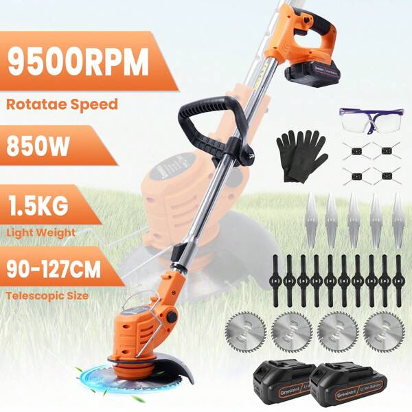 Tagliabordi a batteria da 21 V con 2 batterie e caricabatterie rapido – Decespugliatore/tagliabordi/tosaerba a batteria 4 in 1 con 23 lame, manico telescopico regolabile (90-127 cm) e testina di taglio inclinabile – Ideale per la cura del giardino e del prato