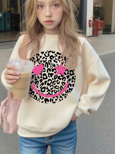 1 Girl's Long Sleeved Round Neck Pullover With A "Smiling Face" Print Pattern, Providing A Comfortable, Stylish, And Casual New Autumn/Winter Season Top For Young Girls/Tween Girls/Teen Girls,Patterned Sweatshirts