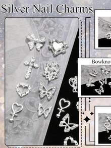 60PCS Silver Nail Charms 3D Bows For Nails 8 Shapes Butterfly Nail Charms Shiny Crystal Heart Nail Charms Alloy Silver Nail - Bạc - Xem 5