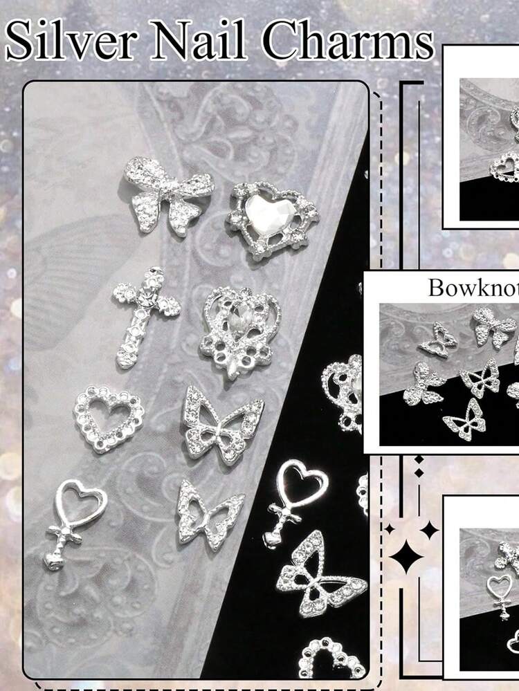 60PCS Silver Nail Charms 3D Bows For Nails 8 Shapes Butterfly Nail Charms Shiny Crystal Heart Nail Charms Alloy Silver Nail - 銀色 - 查看 5