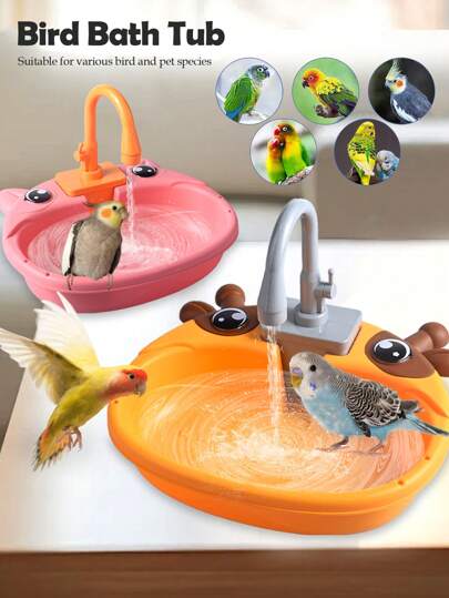Electric Water Circulation Parrot Bird Bath Tub With Water Dispenser, Plastic With Faucet, Pet Bathing Basin (Batteries Not Included, Some Accessories Random)
