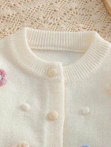 Young Girl Floral Applique Front Button Long Sleeve Cardigan, Autumn/Winter