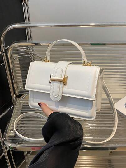 复古纯色简约五金锁扣方形单肩斜挎包带迷你手提包适合青少年女大学生、新人、白领，非常适合办公室、大学、工作、商务、通勤、户外、旅行和郊游