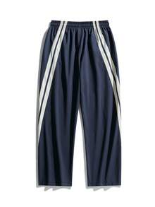Striped Contrast Color Patchwork Sports Pants, Men's Loose Straight Leg Drawstring Waist Trousers For Gym Workout Training Running Outdoor Hiking Casual Daily Wear, Spring/Summer - Navy Blue - View 3