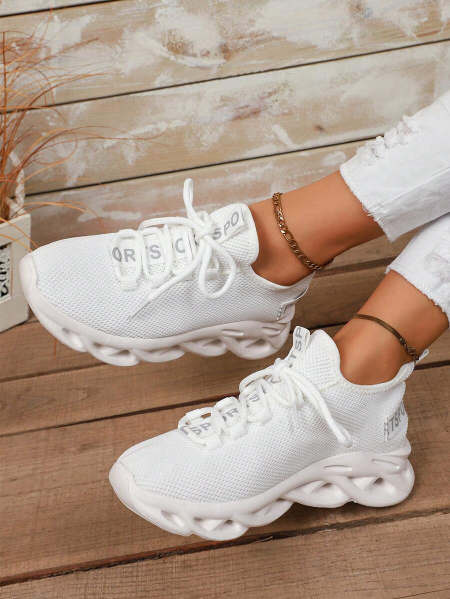 女士纯色休闲运动鞋，网眼透气，舒适软底，跑步鞋，女士白色运动鞋