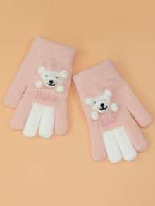 1 双儿童 6-12 岁保暖五指针织手套，可爱卡通设计，适合男孩和女孩，秋冬