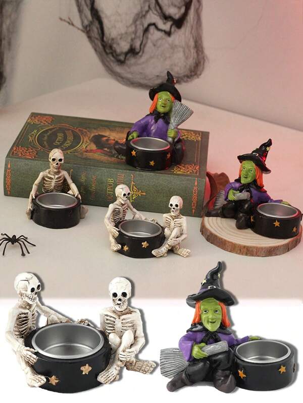 1pc Witch Skeleton Resin Candle Holder Decor,Halloween Decorations, Ghost Festival Party Desktop,Halloween Decoration Terrifying Skull Candlestick, Resin Ornaments