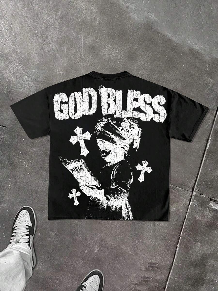Streetwear Faith Cotton Shirt - Oversized 'GOD BLESS' Design With Cross Motifs, Suitable For Men And Women, The Best Gift For Summer Casual Short Sleeved T-Shirt - 黑色 - 查看 1