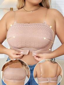Plus Size Front Closure Lace Wire-Free Comfortable Lingerie Bra - Apricot - View 1