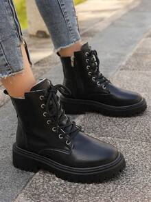 女士靴子，新款秋冬毛绒保暖厚底系带踝靴，百搭粗跟摩托车靴 - 黑色 - 查看 4