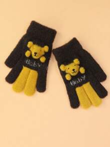 1 双儿童 6-12 岁保暖五指针织手套，可爱卡通设计，适合男孩和女孩，秋冬