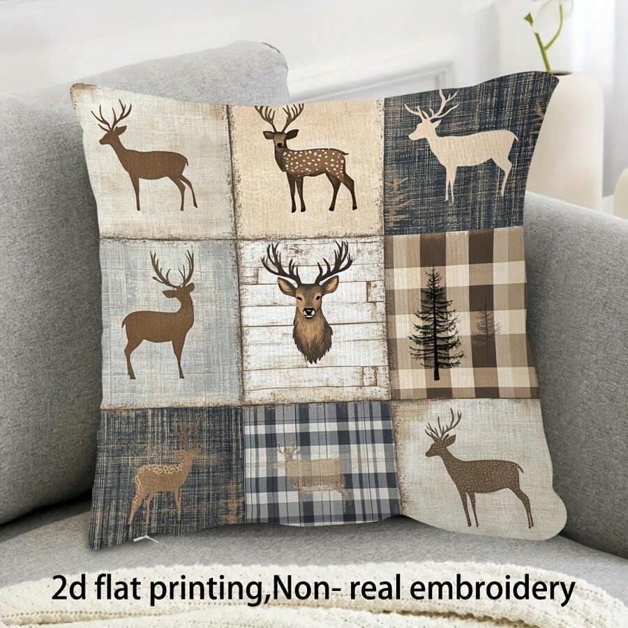 1 Stück/2 Stücke Hirsch Patchwork Kissenbezug im Landhausstil, umkehrbar in rustikalen neutralen Farben, verschiedene Größen erhältlich, Leinengemisch, Reißverschluss, maschinenwaschbar, gewebter Polyester, künstlerisch bedruckter Kissenbezug, geeignet für Wohndekoration