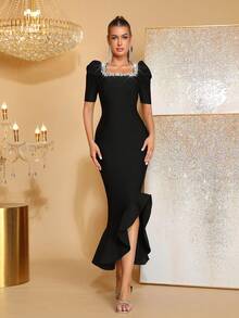 新款女士黑色性感方领泡泡袖手工串珠荷叶边伴娘礼服，适合婚礼、生日派对、宴会等场合。 - 黑色 - 查看 1