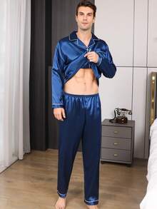Men's Sleepwear Set, Long Sleeve Shirt And Long Pants, Minimalist Casual Solid Color Button-Up Pajamas, 2-Piece, Suitable For All Seasons, Fall Winter Clothes - Blue - View 3