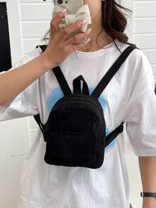 Balo vải nhung kẻ sọc màu trơn mới thời trang họa tiết da báo mini thể thao đa năng thường ngày cho nữ, thích hợp cho du lịch và phong cách đơn giản cho trường học - màu đen - Xem 3