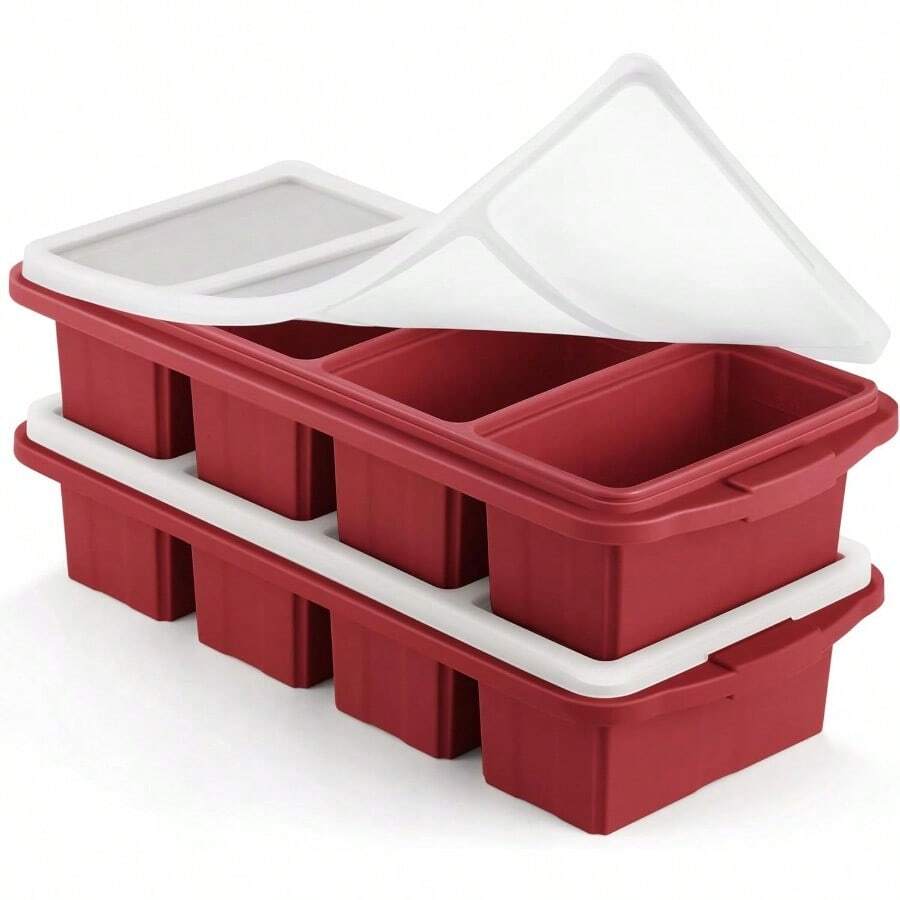 Silicone Freezer Tray With Lid - Silicone Freezer Food Molds- Large Ice Cube Tray,Silicone Freezer Container,Freeze & Store Soup, Sauce, Broth,Leftovers - Makes 4 Perfect 1 Cup