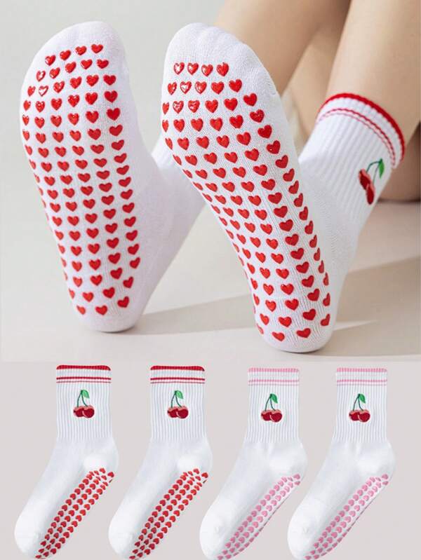 1/2/3 pares de calcetines personalizados con estampado de cerezas lindos para mujeres, calcetines de silicona con forma de corazón antideslizantes adecuados para pilates, fitness, danza, yoga profesional y deportes, calcetines hasta el tobillo