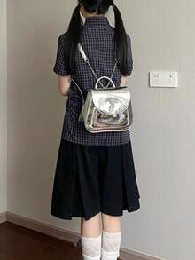 蝴蝶结格子短袖衬衫，复古学院风，合身百褶设计，2025 年夏季 - 深藍色 - 查看 2