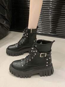 女式2025厚底休闲踝靴，系带，粗跟，防滑 - 黑色 - 查看 2