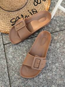New European & American Style Strap EVA Thick Sole Slippers, Casual And Comfortable Outdoor Slide Sandals With Dual Buckles, Lightweight Anti-Slip Beach Shoes For Women - Chocolate Brown - View 8