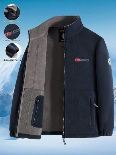 1 pieza Chaqueta de forro polar para hombre de otoño/invierno, bordada, gruesa, de cuello alto, casual y de moda, para esquiar