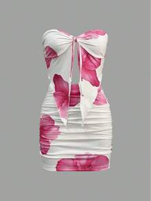 Women's Sexy Hot Girl Print Lace-Up Strapless Tube Top Hip-Wrapped Slim Short Skirt - 紅色 - 查看 5