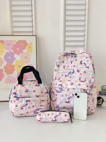 3 Pieces/Set Of Fashionable Printed Leisure Travel Backpack Large Capacity Backpack Childrens Backpack Girls ' Backpack Preparatory Style School Fashion Backpack.BagLarge Capacity.With InsulatedLunch Bag.With Pen Case, Pink For Teen Girls Women College, School Bag Set, School Essential Suff For Women, Girls & Students, Student Bag Sets With Pencil Case - Baby Pink - View 3