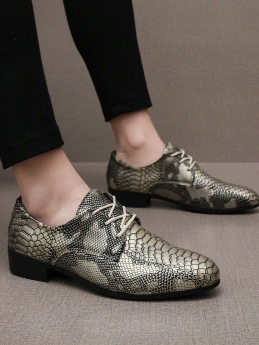 尖头男士真皮正装鞋，亮面蛇皮纹，正式系带牛津鞋，适合婚礼和商务活动，欧式风格