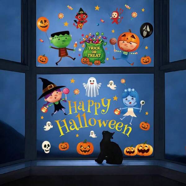 Twee afbeeldingen, 35*50 cm, met verschillende patronen Halloween raamstickers - statische stickers - herbruikbare cartoon pompoen- en spookstickers voor glasdecoratie, grappige Jack-O'-Lantern raamdecoraties, herfstfeestartikelen voor thuis/kantoor/winkel