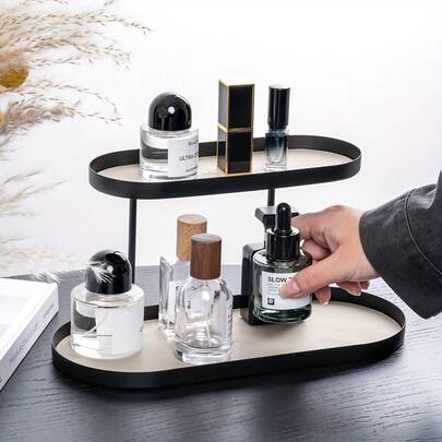 [1pc Iron Art Shelf] 1pc Minimalist Iron Art Shelf With Faux Leather Mat | Double-Layer Oval Storage Box For Cosmetics, Jewelry, And Keys | Living Room Tabletop Organizer, Bedroom Bathroom Entryway Shelf, Desktop Perfume Lipstick Holder