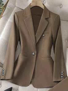 Solid Color Single Button Long Sleeve Single-Breasted Waistcoat Suit Pants Two-Piece Set - 咖啡棕 - 查看 3
