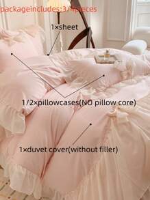 3/4 peças Conjunto de Roupa de Cama Floral de Chiffon com Borda (Capa de Edredão x1, Lençol x1, Fronha x1/2, Excluindo Enchimento), Conjunto de Capa de Edredão com Laço 3D de Estilo Princesa em Poliéster, Tamanho Queen, Macio e Confortável, Adequado para Quarto, Hotel, Todas as Estações