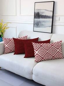4 件装饰枕套，几何图案，100% 防过敏聚酯纤维靠垫套，复古亚麻材质，隐形拉链，可机洗，简约现代线条设计，拉链开合，家居装饰抱枕套，适用于沙发、客厅、卧室，无枕芯 - 紅色 - 查看 2