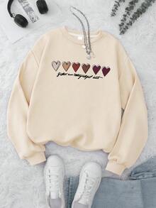 Casual Crew Neck Sweatshirt For Girls, Colorful Heart Pattern And "Be Kind" Print, Long Sleeve Pullover, Suitable For Spring And Autumn, Machine Washable, Cute Style, Suitable For School, Vacation And Shopping - Apricot - View 2