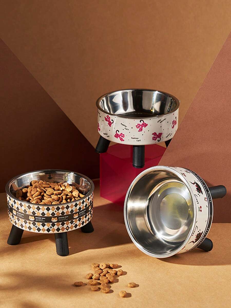 1 件装宠物加高喂食碗，带颈部保护，卡通图案设计，不锈钢/非钢碗可选，防滑防溢易清洁，适用于猫狗，宠物喂食用品 - 彩色 - 查看 1