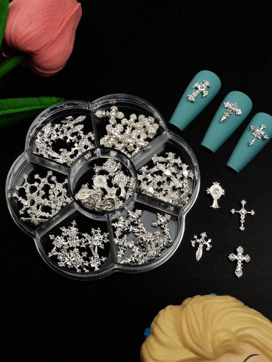 70件/7款经典欧美奢华金属十字架美甲饰品，混合银色，哥特风金属，简约3D十字架美甲饰品，适合女孩和女士美甲装饰，Y2K复古风美甲用品 - 銀色 - 查看 1