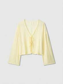 女士奶油黄色休闲宽松系带褶皱肩长袖上衣 - 黃色 - 查看 1