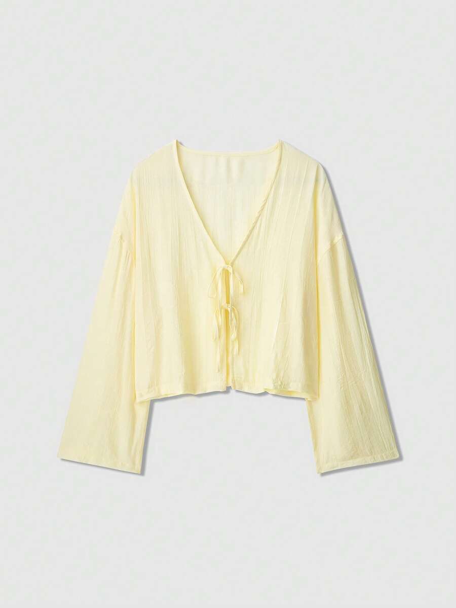 女士奶油黄色休闲宽松系带褶皱肩长袖上衣 - 黃色 - 查看 1