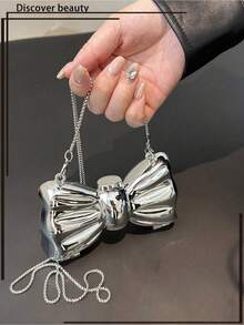 Acrylic Electroplated Metallic Silver Shiny Bow Decor Clutch Bag, Versatile Women's Personalized Fashion Chain Lipstick Pouch, Jewelry/Earphone/Cosmetic Storage Box, Ladies, Suitable Valentine's Day, Party, Wedding Dress Decoration, Date Use Shoulder/Crossbody Bag, Elegant Ladies Coin Purse - Bạc - Xem 3