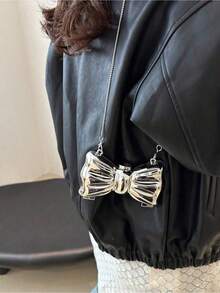 Acrylic Electroplated Metallic Silver Shiny Bow Decor Clutch Bag, Versatile Women's Personalized Fashion Chain Lipstick Pouch, Jewelry/Earphone/Cosmetic Storage Box, Ladies, Suitable Valentine's Day, Party, Wedding Dress Decoration, Date Use Shoulder/Crossbody Bag, Elegant Ladies Coin Purse - Bạc - Xem 2