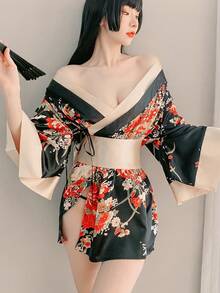 Japanese Style Pajamas Floral Print Cosplay Costume, Satin Pajamas With Belt, Women's Sexy Lingerie And Underwear - 黑色 - 查看 6