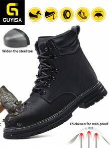 GUYISA 钢头安全鞋，防砸防刺穿丝滑皮革高帮，时尚四季男士软质采矿和建筑靴