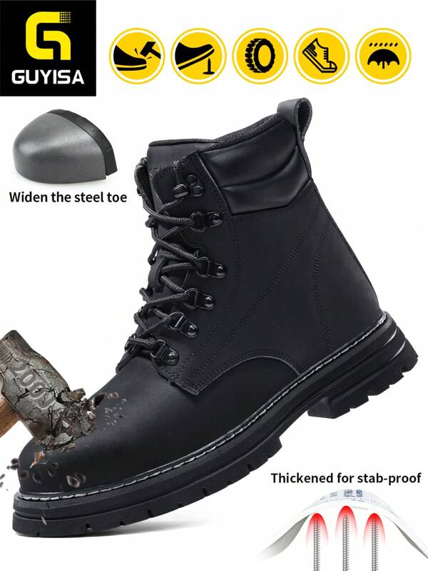 GUYISA Steel Toe Safety Shoes,Anti-Smash & Anti-Puncture Silky Leather High-Top, Fashionable All Season Soft Mining & Construction Boots For Men